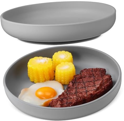 ifundom 2 pièces Assiette Silicone Anti-renversement avec Ventouse pour Personnes Âgées et Handicapées Stable et Hygiénique Lot de Assiette à Rebord pour Repas Autonome Couleur Gris Foncé