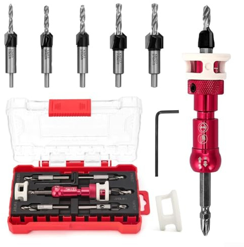 Kegelsenker Bohrer Set mit 1/10.2 cm Schnellspanner Sechskantschaft, Einstellbarer Anschlag für Holzbearbeitung, T Typ Nutfräser, 5-teiliges Auto