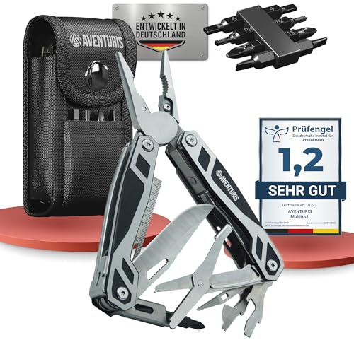 AVENTURIS® Multitool-Werkzeug Edelstahl mit 21 Funktionen – Ostergeschenk Männer, Gadgets für Männer | Multitool mit Klappmesser, Schere, Zange & Schraubendreher, Camping Zubehör