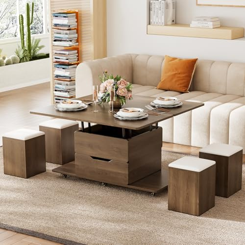 Homary Mesa de Centro Elevable con 4 Taburetes 100 X 50cm Nogal Mesa Elevable con Mecanismo Hidráulico y Almacenaje Oculto,Extensible con Rueda Bloqueable Función Convertible para Oficina o Comedor