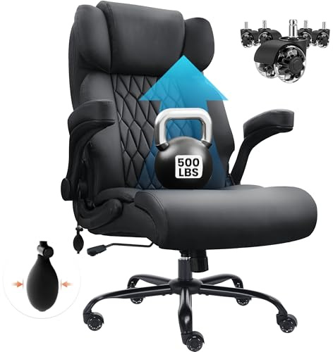 500lbs Big and Tall Office Chair Adjustable Lumbar Support for Back Pain, Extra Wide Seat Executive Office Chair Thick Armrest Pad, Heavy Duty Base&Upgraded Wheels, Ergonomic Comfy Computer Desk Chair