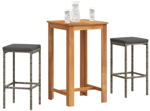 Owoxanthellate Gartenbar Set aus Akazienholz & Poly Rattan 60 x 60 x 105 cm Grau 3 TLG Modernes Bartisch mit 2 Barhockern & Polsterkissen Robuste Lounge Möbel für Balkon Terrasse Garten