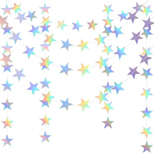 Nogeqi 12m Stern Girlande Glitzer Sternengirlande Papiersterne | Papiersterne Zum Aufhängen Papier Girlande Geburtstag mit Reflective für Karneval Jubiläen Hochzeiten Partydeko