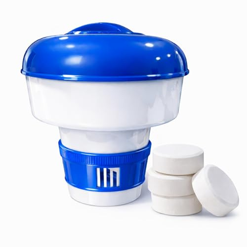Dispensador Flotante de Cloro para Piscina, Dosificador Ajustable de Pastillas de Cloro 200g, Clorador Químico para Piscinas y SPA, Azul y Blanco