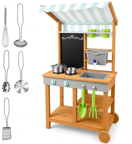 Matschküche Kinder Outdoor Holz mit Wasserdichtem Dach & Rädern, Kinderküche mit Wassertank Wasserhahn Kreidetafel & Spielküche Zubehör Set, Matschtisch Mud Kitchen Gartenspielzeug für Jungen Mädchen