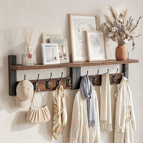 DongRong Wandgarderobe 87cm mit Ablage, 2er Set, 10 Haken, Metall & Holz | Wandregal Flur geeignet, wandmontierte Garderobe für Schlafzimmer, Mäntel & Hüte, einfache Montage, vielseitig einsetzbar