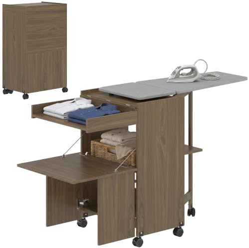 HOMCOM Mobile Asse da Stiro Pieghevole con Ruote 154x55x87 cm Marrone | Portaferro da Stiro, Mobile Multiuso con Ripiani, Vano Aperto, per Lavanderia, Bagno