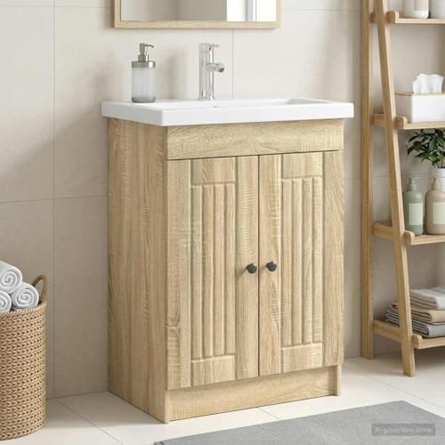 Runheo Armoire sous évier de Salle de Bain Chêne Sonoma Bois d'ingénierie 78,5x37,5x81 cm Rangement Pratique avec Porte charnière 90° idéal Meuble lavabo Vasque pour aménagement Salle Bain