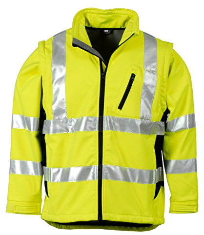 LeiKaTex Softshell-Warnschutzjacke für Herren und Damen (L, Neongelb/Marine) winddicht, wasserabweisend, atmungsaktiv, abnehmbare Ärmel, Fleece Innenstoff EN 20471 Arbeitsjacke
