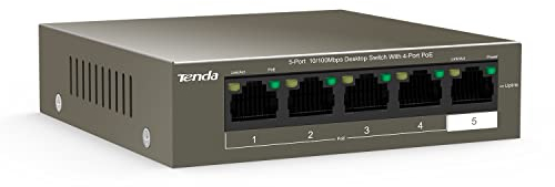 Tenda POE Switch Ethernet 5 Ports 10/100 Mbps (TEF1105P-4-63W), Switch Poe 4 Ports (6KV Contre-Foudre, Plug and Play, Aucune Configuration Requise, Bureau, Boîtier Métal) Marron