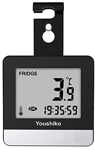 Youshiko Fridge & Freezer thermometer with Easy to Read LCD Display, Max/Min Function (Black)