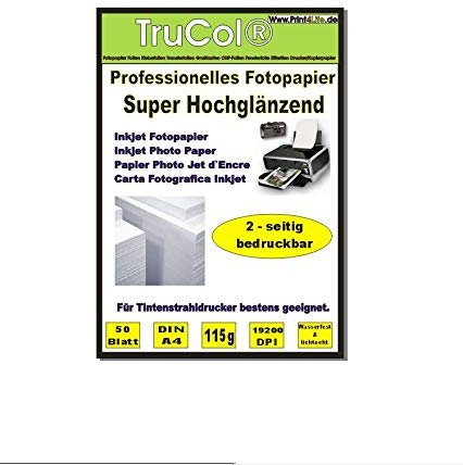 BEIDSEITIG 50 Blatt Fotopapier Photopapier DIN A4 115g /qm - beidseitig Glossy (glaenzend) - sofort trocken - wasserfest - hochweiß - sehr hohe Farbbrillianz Fuer Inkjet Drucker (Tintenstrahldrucker)