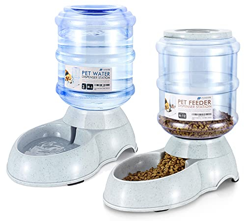 Flexzion Gravity Pet Food Water Feeder Dispenser Bundle Set (Large) for Dogs Cats Automatic Replenish Waterer Dry Food Storage Container Bowl, Small Medium Dog Cat Feeding Watering Fountain Supplies