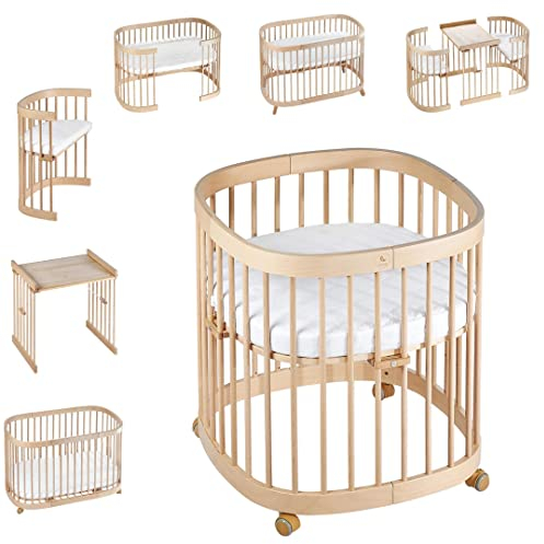 tweeto® Cuna Convertible 7 en 1 – Cuna Multifuncional de Madera con colchón Transpirable – Cama evolutiva para bebé y niño – Ajustable y ecológica (Haya)