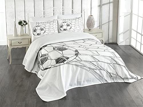 ABAKUHAUS Fußball Tagesdecke Set, Fußball im Netz, Set mit Kissenbezügen Moderne Designs, für Doppelbetten 220 x 220 cm, Schwarz und Weiß
