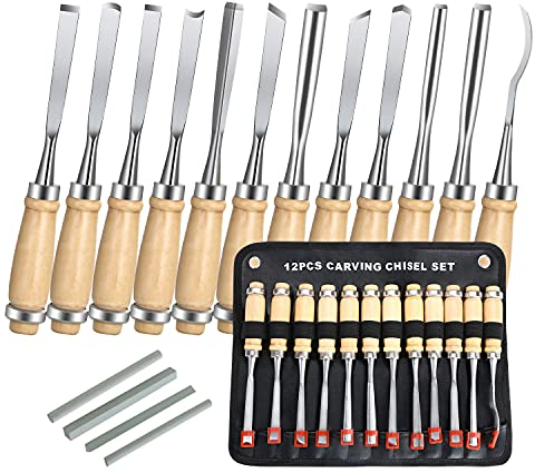 flintronic Herramienta de Talla de Madera, 12Pcs Formones para Madera + 4Pcs Piedras de Afilar, Gubias para Tallar Madera para Principiantes Grabadores DIY -con Mango y Carrete de Madera
