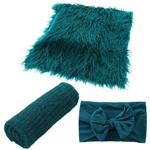 NUOBESTY Baby Photo Props 3pcs Newborn Photography Wraps Blanket Swaddle Wrap Bowknot Area Rug Photo Props for Baby Boys and Girls Dark Green