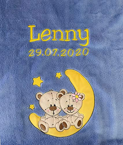 KIDDI-MEDIA Babydecke mit Name und Geburtsdatum Bestickt/kuschelig weich / 1A Qualität (Azurblau - Bären auf Mond)