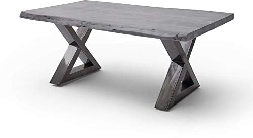 Robas Lund Couchtisch Massivholz mit Baumkante, Wohnzimmertisch Vintage Look, Akazie Massiv Grau lackiert