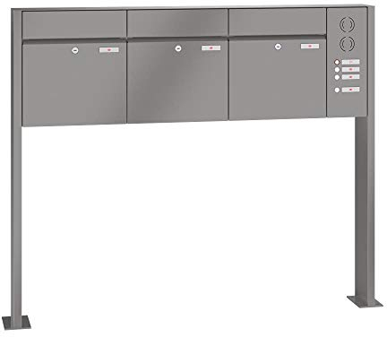 RENZ/Plan / 3er Freistehende Briefkastenanlage Standbriefkasten mit Sprechfeld/RAL-Farbe 9007 Volumen 28 L/mit Fußplatten/Dein-Briefkasten.de