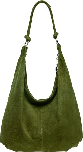 Caspar Große Damen Vintage Veloursleder Tasche Samtweiche Schultertasche aus Leder - CLASSIC LINE - Modell No.617 - Made in Italy, Farbe:olivgrün
