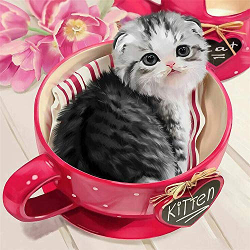 5D Diamond Painting, DIY Cross Stitch Stickerei Malerei Kits, Diamant Malerei Malen Nach Zahlen Full Drill Kristall Set, Stickerei Kunsthandwerk House Wall DekorationKätzchen liegt in der Tasse-50x60