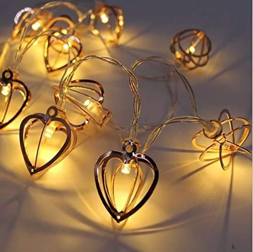 HULX Geometric Metal Fairy String Lights, 3M 20LED Heart, Indoor & Outdoor, Warm White LED, Battery Operated