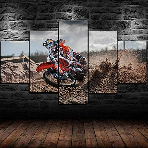 Bilder Motocross Dirt Bike Racing - Wandbild Vlies - Leinwand Bild Format Wandbilder Wohnzimmer Wohnung Deko Kunstdrucke 5 Teilig,M