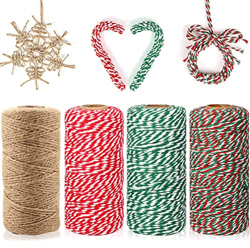 200M Ficelle Cadeau Decorative Cordes De Jute Et Ficelle De d'emballage Coton Bakers Twine Rouleaux, 2mm Ficelle Rouge et Blanche Vert pour Noël Mariage Saint Valentin Anniversaire Emballage Cadeaux
