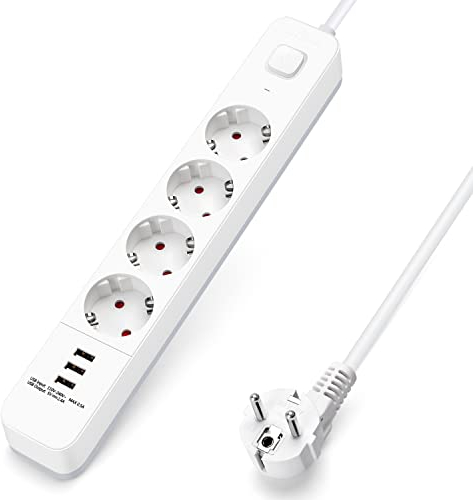 Aigostar Multiprise USB 4 Prises avec 3 Ports USB Chargeur de Voyage (5V2,4A) avec Cable 1.5 Mètre, Blanc, Prise de Type Allemand