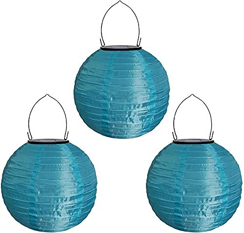 Yeehliny Solar Lampions Außen Wetterfest Solar LED Laterne Wasserdicht Nylon Garten Laterne Solarlaterne für außen Hängend Solarlampiongs Runder Lampenschirm Garten Deko Außendeko (20cm/3PCS/Blau)