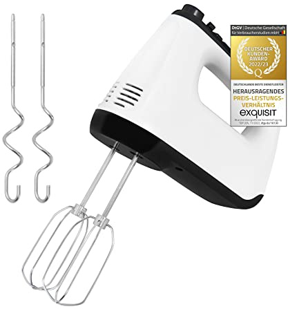 Exquisit Handmixer MH 3003 we | 400 Watt Leistung | 6 Geschwindigkeitsstufen mit Turbofunktion | Knethaken + Quirle