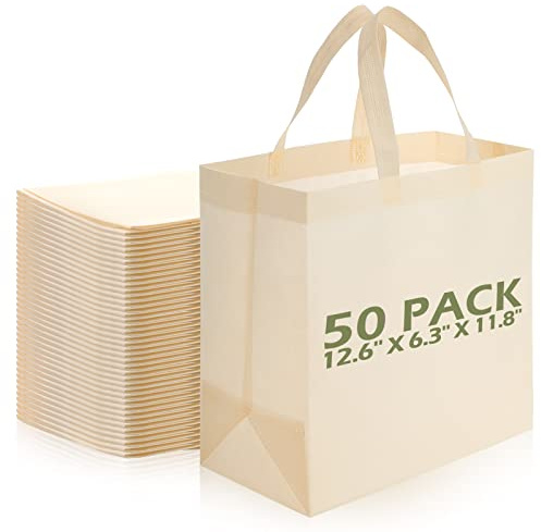 Reginary 50 Pcs Reusable Tote Bags Shopping Bags Non Woven, Beige