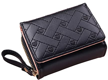 Diyafas Kleine Geldbörse für Damen Gesticktem Herz Portemonnaie Dreifach Kartenhalter Mädchen Brieftasche, Schwarz