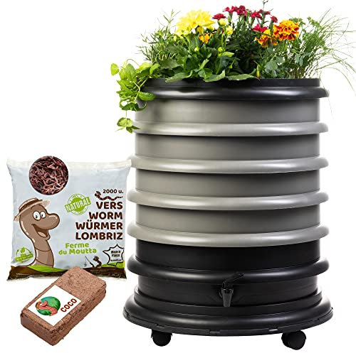WORMbox | Lombricomposteur 4 Plateaux Gris + Jardinière + 1kg de vers de Compost + 1 Bloc Coco | 64 litres | Compostez Vos déchets organiques, lombrics/lombricompost