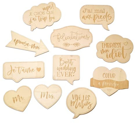 11 Accessoires en Bois Photobooth Mariage | Décorations de Photos, Déguisement, Props, Kit Photomaton, Décoration de fête, Décoration Photos Mariage