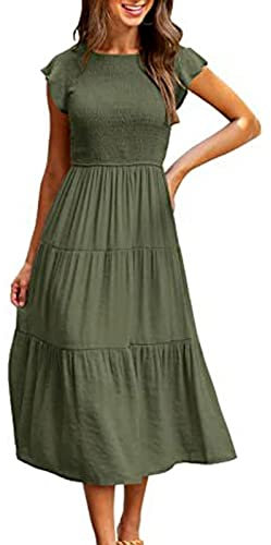 Yuson Girl Vestito Estivo Lungo Donna - Abito Estivo Lungo Collo Rotondo Ragazza con Manica a Volant Vestiti Casuale Eleganti Colori Solidi Abiti Estivi Donna Lunghi(Verde, L)