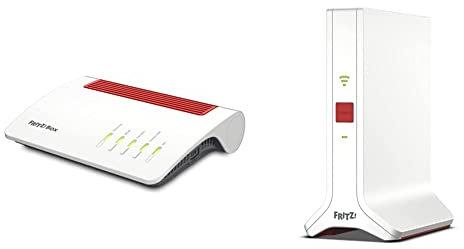AVM FRITZ!Box 7590 AX Edition International, Modem Router Wi-Fi 6 Dual Band veloce fino a 3.600 MBit/s + VM FRITZ!Repeater 3000 AX Edition International, Ripetitore extender Triband