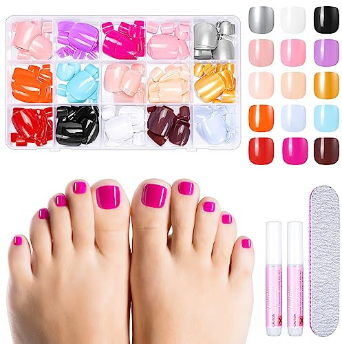 360 Pieces False Toenails Set, 15 Colours Short Square Fake Toenail Tips Full Cover Artificial Press on Toe Nails with Glue and Nail Files for Women Girls Nail Salon and Nail Art DIY