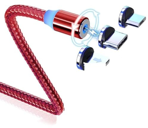 ElectroWorldFR Magnetisches Ladekabel 360° rot 2 Meter mit LED 3 in 1 Typ C / Micro / 8 Pin 360 Rot