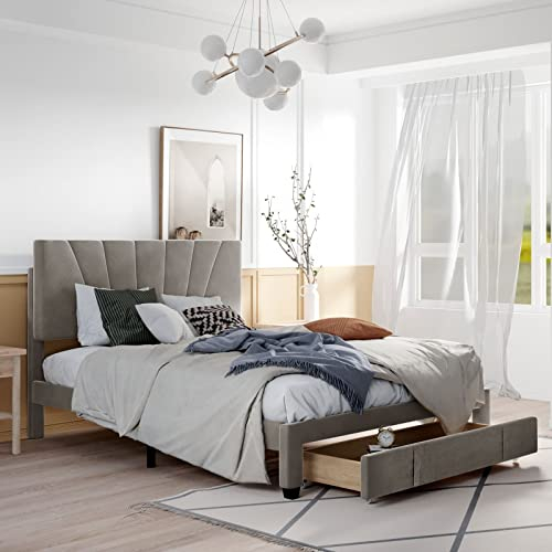 Banemi Bett 140X200 Polsterbett, Doppelbett Vintage Bettgestell Grau mit Lattenrost Rückenlehne und Schublade Hautfreundliche Samtstoff(Ohne Matratze)