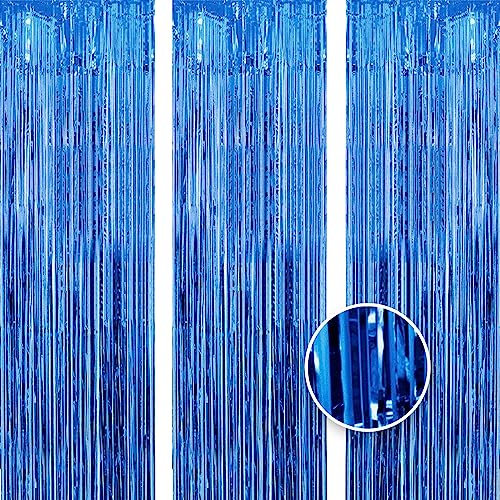 OWill 3pcs 3ft X 8.3ft Blue Metallic Tinsel Curtains Aluminum Foil Flow Silk Curtain Background Streamer Birthday Party Wedding Holiday Backdrop Decoration
