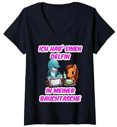 Damen Delfin in meiner Bauchtasche Party Outfit Malle Mallorca T-Shirt mit V-Ausschnitt