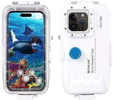 PULUZ Unterwasser-Schutzhülle für iPhone 14 Plus 14 Pro Max 13 Pro Max 12 Pro Max 11 Pro Max, 40 m Unterwassergehäuse PC Schutzhülle für Foto-Video (Weiß)