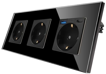 CNBINGO Glas Dreifach Steckdose mit 2 USB Ports, 1× (Typ-C und Typ-A unterstützung 20W Schnellladen) - Schuko Steckdose Unterputz in Schwarz - Schutzkontakt Wandsteckdose mit Glasrahmen