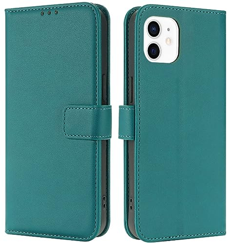 TQIAHF Coque pour iPhone 12 / iPhone 12 Pro Coque Etui avec Porte Carte à Rabat Clapet Portefeuille en Cuir Pochette Magnétique Antichoc Flip Case Étui Cover Housse Protection Coque,Vert Foncé