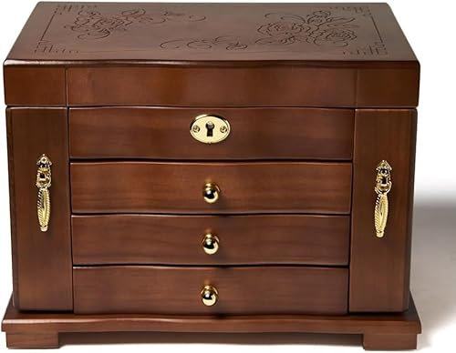 Dark Brown Wooden Jewelry Box Solid Wood Jewelry Organizer with Mirror and 3-Drawer Ring Necklacel Storage Box with Lock