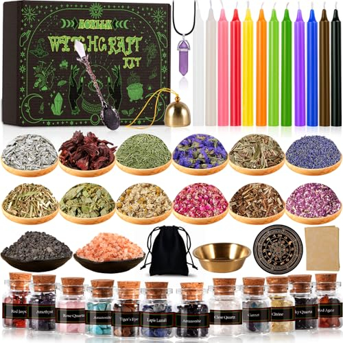 MUOIVG Suministros de Brujería Kit de Brujería,Velas Hechizos Velas,Mini Piedras Naturales,Hierbas Secas y Velas Mágicas de Colores,Suministros de Oración,Hechizos,Magia,Brujería