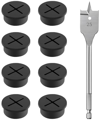 MsTeco Tisch Kabeldurchführung, 8 Stück Flexibles Silikon Kabeldurchführung 25mm Kabeldurchlass Schreibtisch Kabeldurchführung Schwarz mit 1 Bohrer für Schreibtisch, Computertisch, Arbeitsplatten