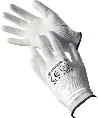 BARGAINS-GALORE 12 Pairs White Work Gloves | Mechanic Builders Safety Nylon Construction | Pu Coated | Secure Grip On Palm & Fingers | Ideal For General Duty Work, Gardening, Building (LARGE)
